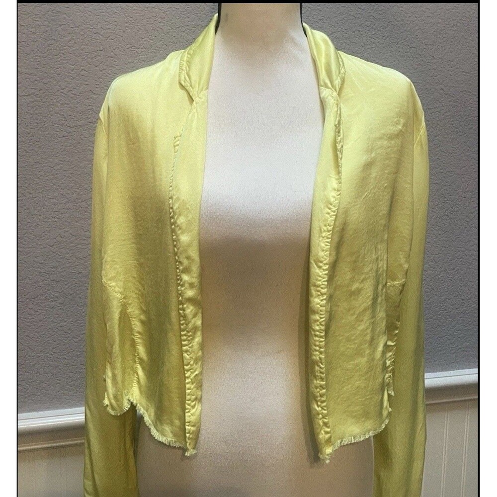 Jaga DTLA Yellow Silk Ruched Cropped Open Front Blazer Jacket Sz 1 (S) Raw Hem